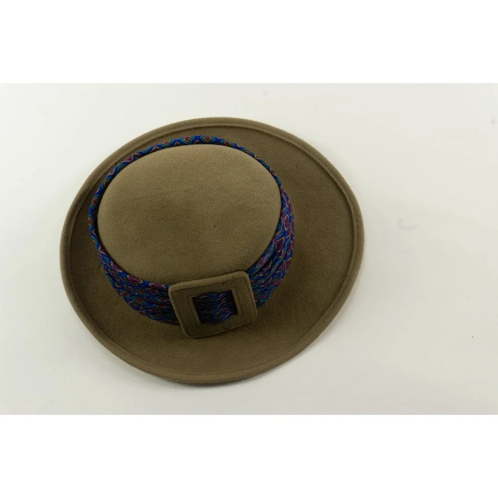Vintage Anita Pineault Canada Beige Felt Wool Geometric Silk Band Fedora Hat